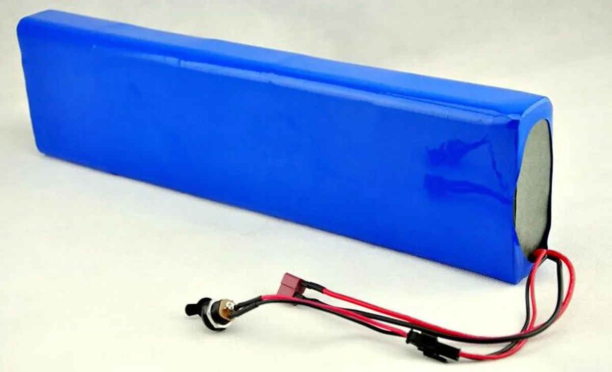 Blue 48V e-bike battery pack with cable leads and connector