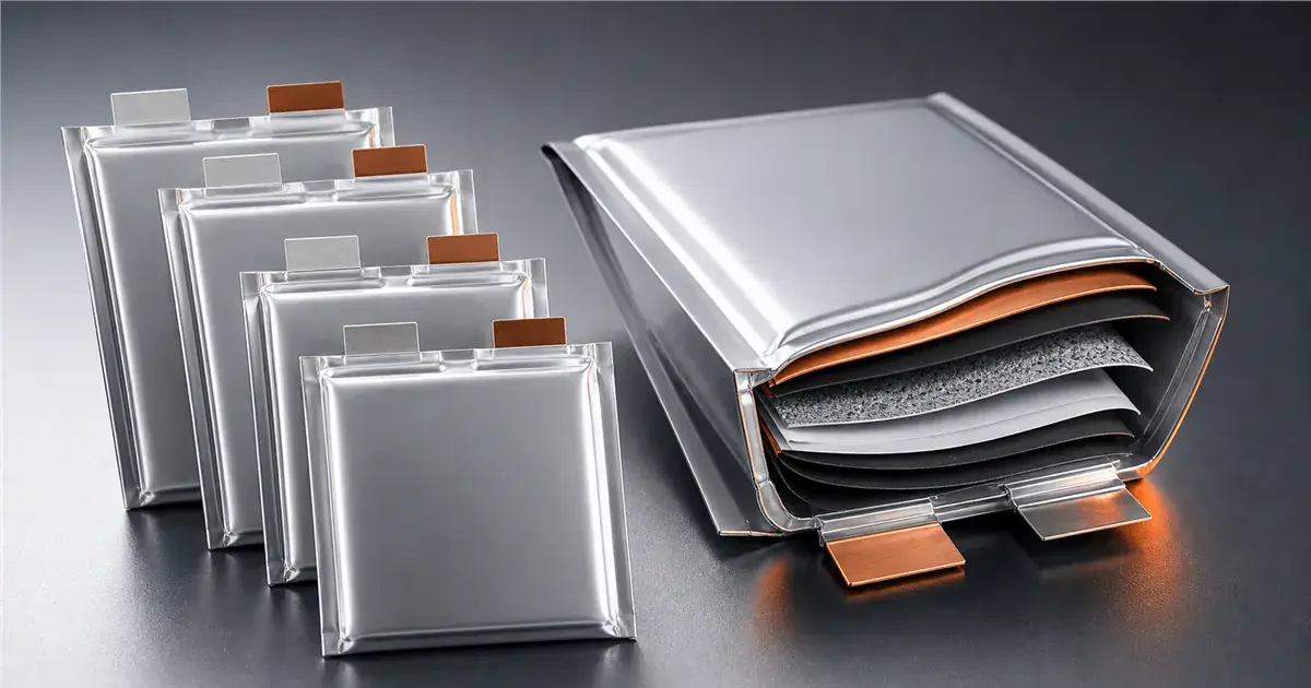 Pouch cell battery types illustration showing laminated lithium battery cells and layered pouch construction