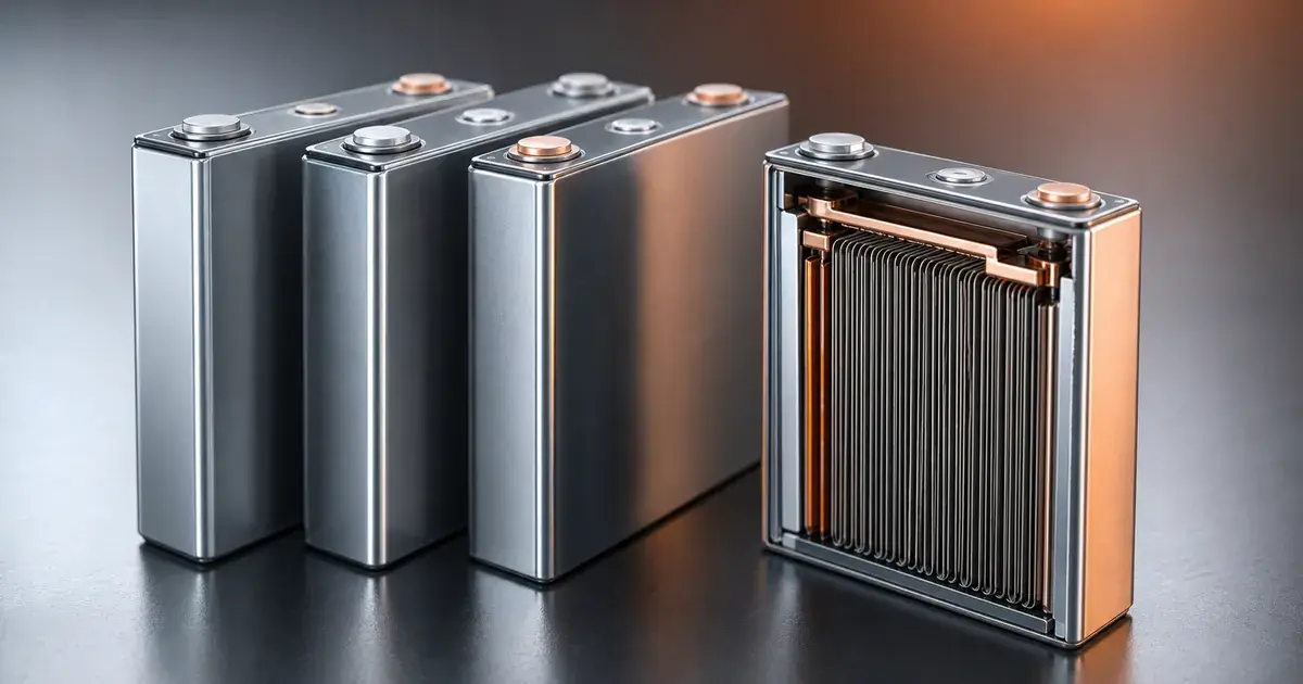 Prismatic battery cells illustration showing rectangular lithium battery cells and a cutaway prismatic cell structure