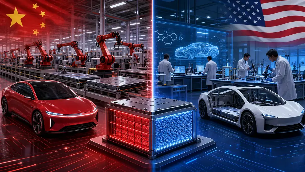 China vs US solid-state battery race illustration comparing EV manufacturing scale with battery research and prototype development