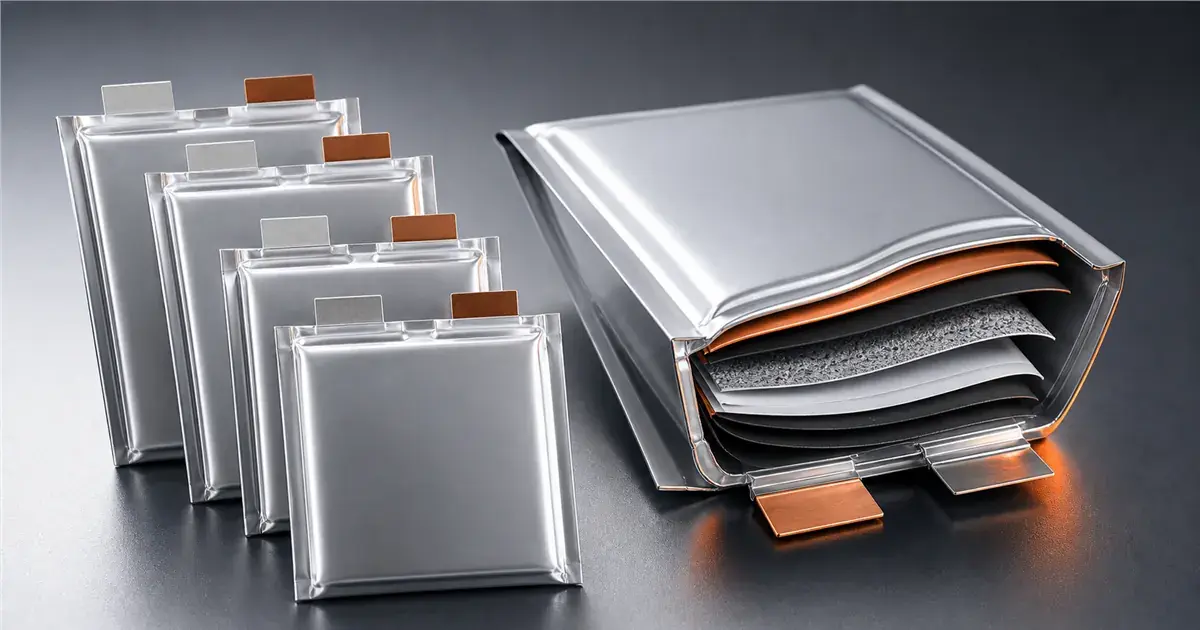 Pouch cell battery types illustration showing laminated lithium battery cells and layered pouch construction