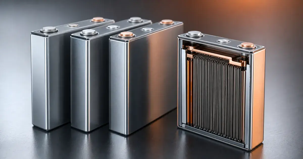 Prismatic battery cells illustration showing rectangular lithium battery cells and a cutaway prismatic cell structure