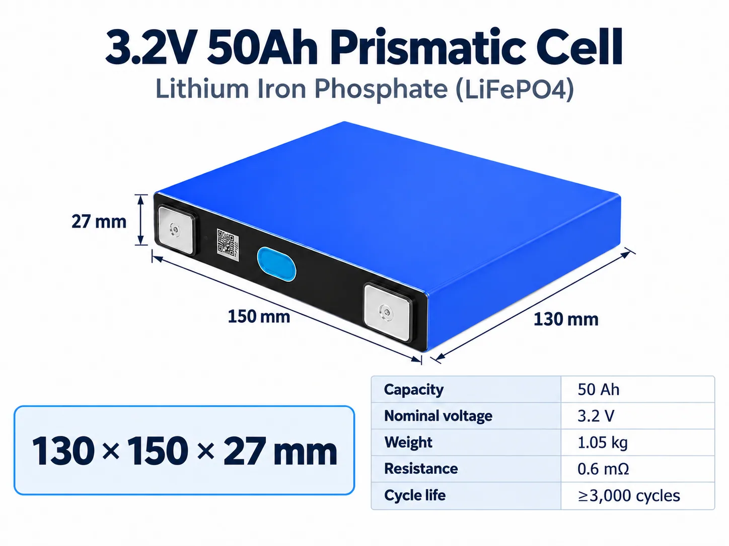 3.2V 50Ah LiFePO4 prismatic cell with 150 mm, 130 mm and 27 mm dimension annotations