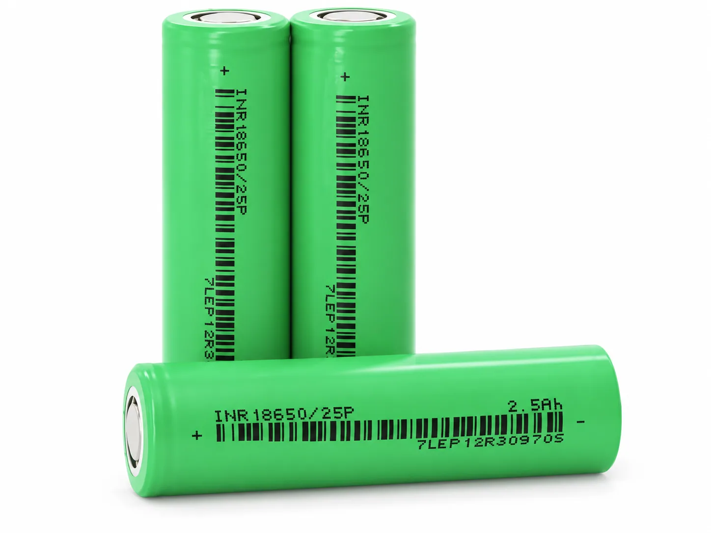 Green EVE INR18650/25P cylindrical cells shown upright and horizontally