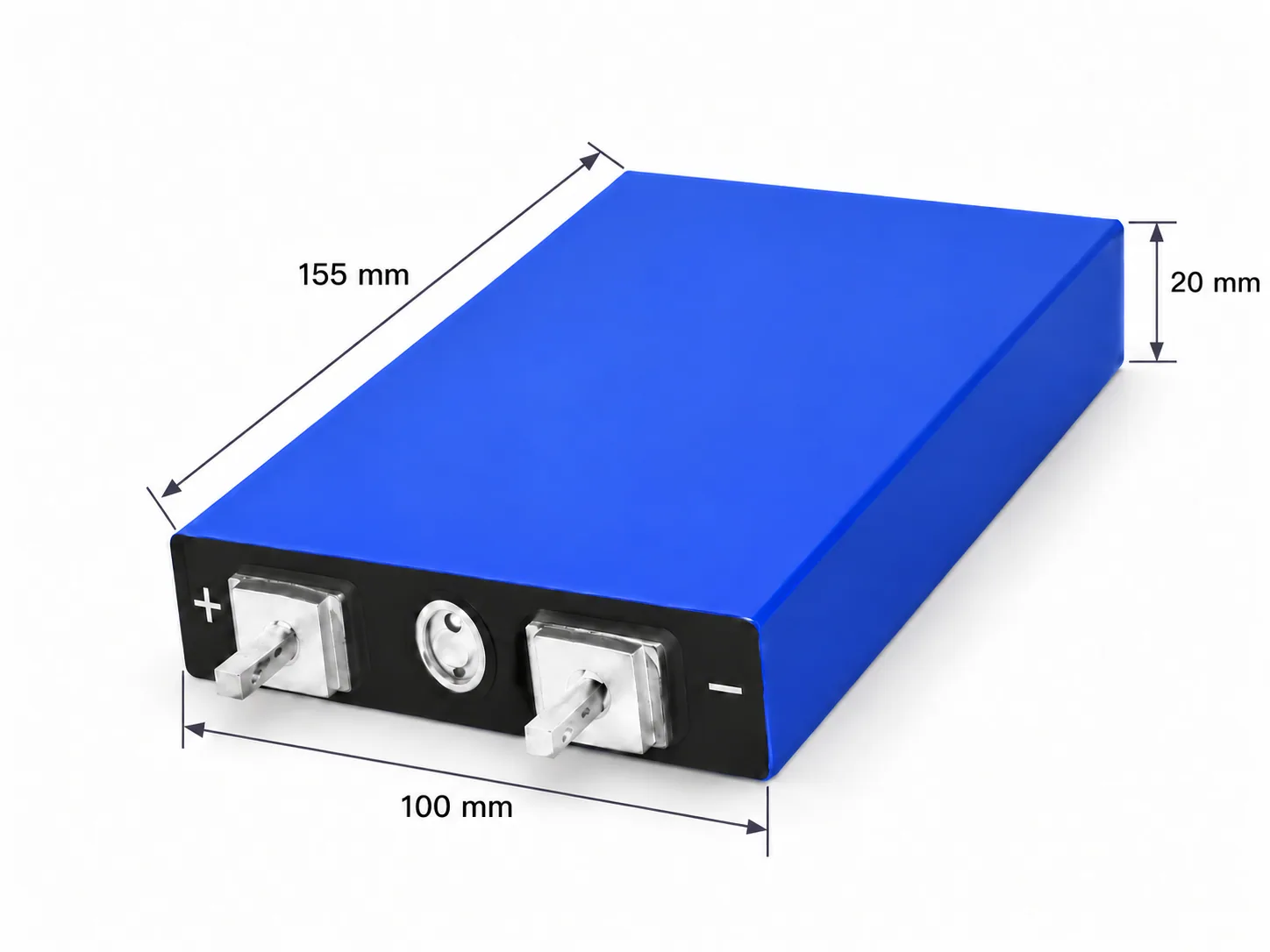 Gotion 3.2V 30Ah prismatic cell with dimension callouts: 155 mm depth, 100 mm width and 20 mm body thickness
