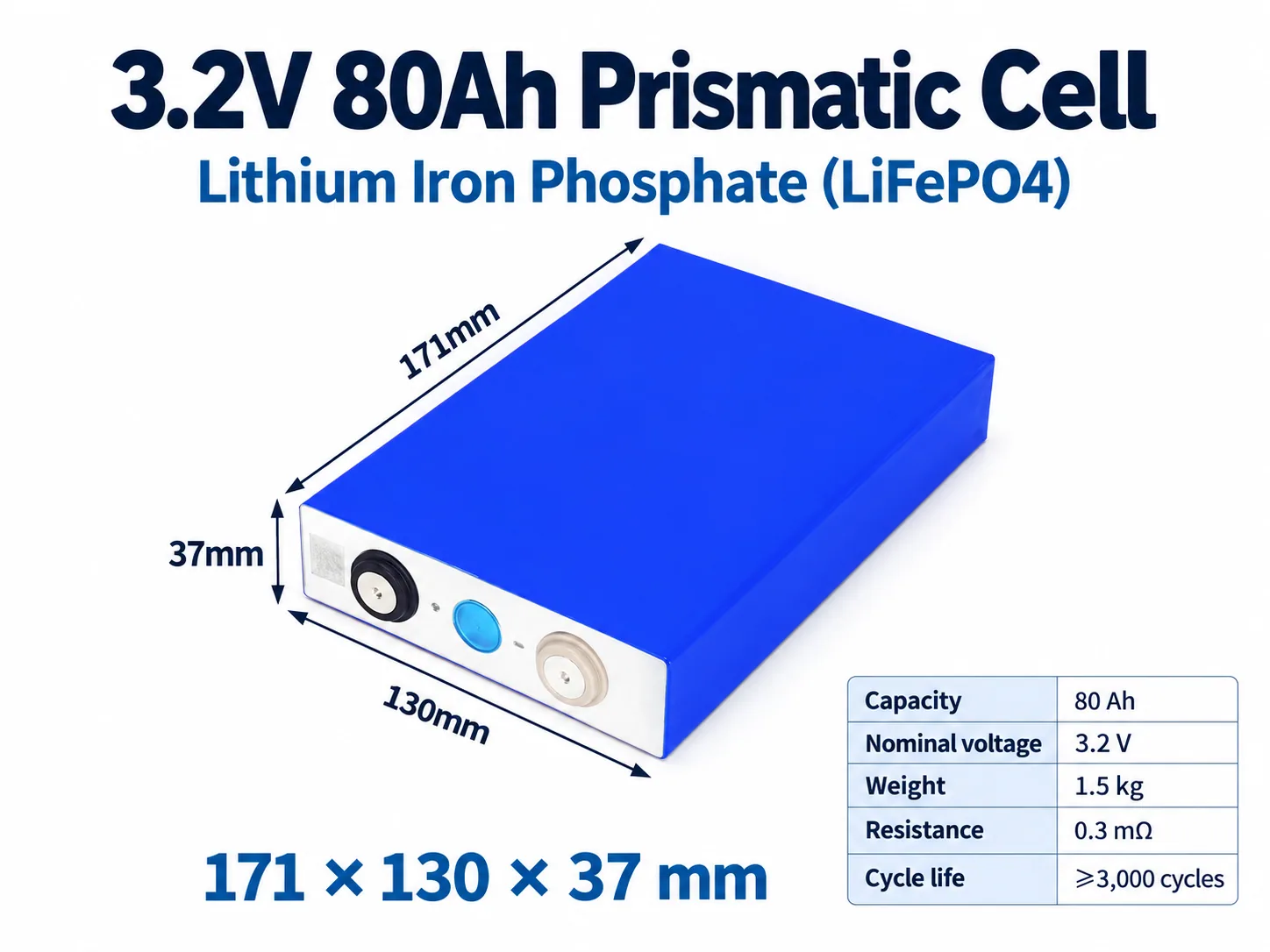 EVE 3.2V 80Ah LiFePO4 prismatic battery cell with 171 × 130 × 37 mm dimensions