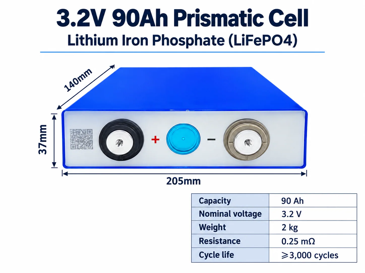 EVE 3.2V 90Ah LiFePO4 prismatic battery cell with 140 × 205 × 37 mm dimensions